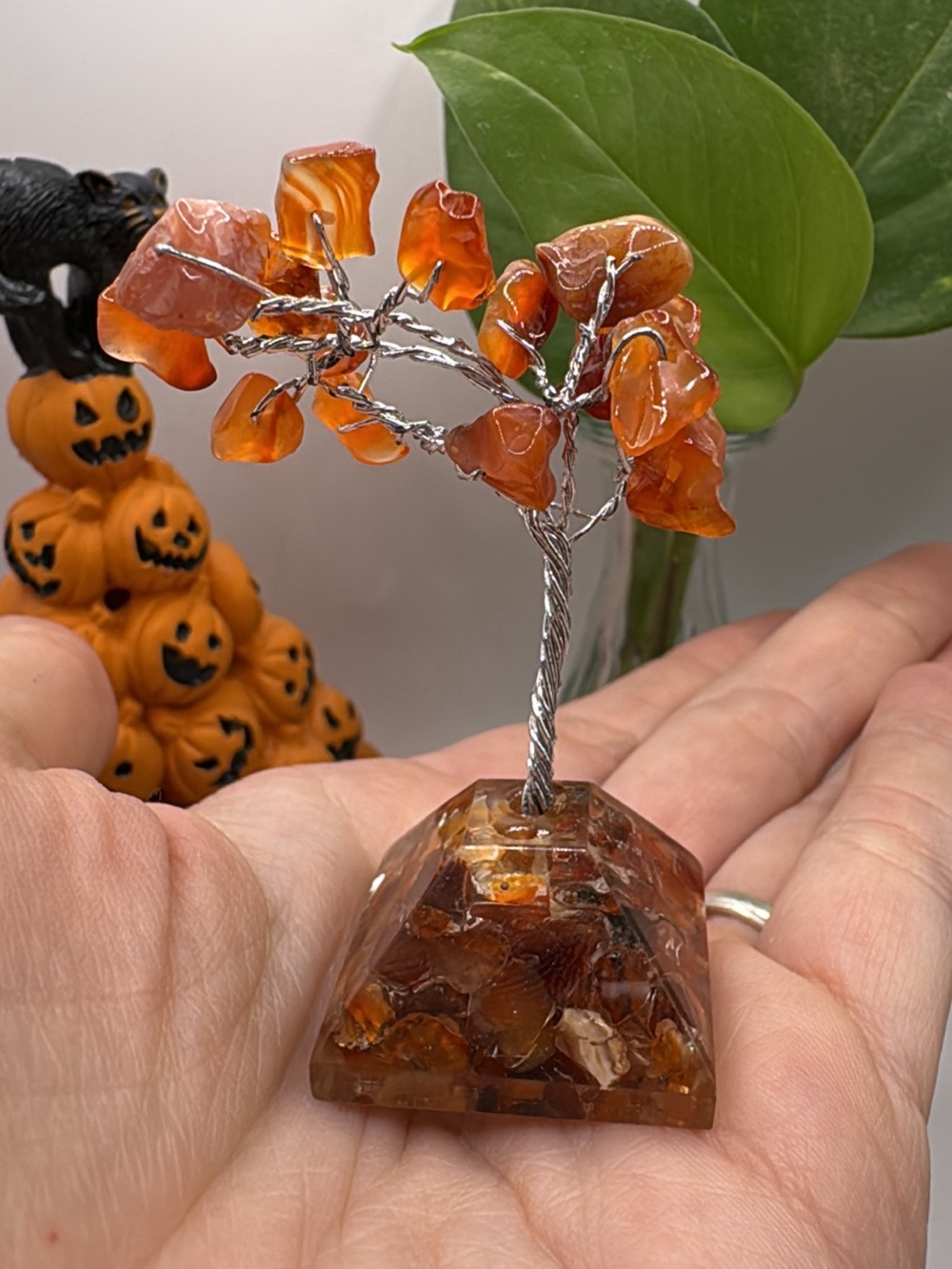 Handcrafted Carnelian Chip Gem Tree on Resin Base - Orange